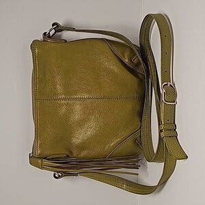 ILI New York Leather Crossbody Bag Olive Green Tassel Adjustable Strap